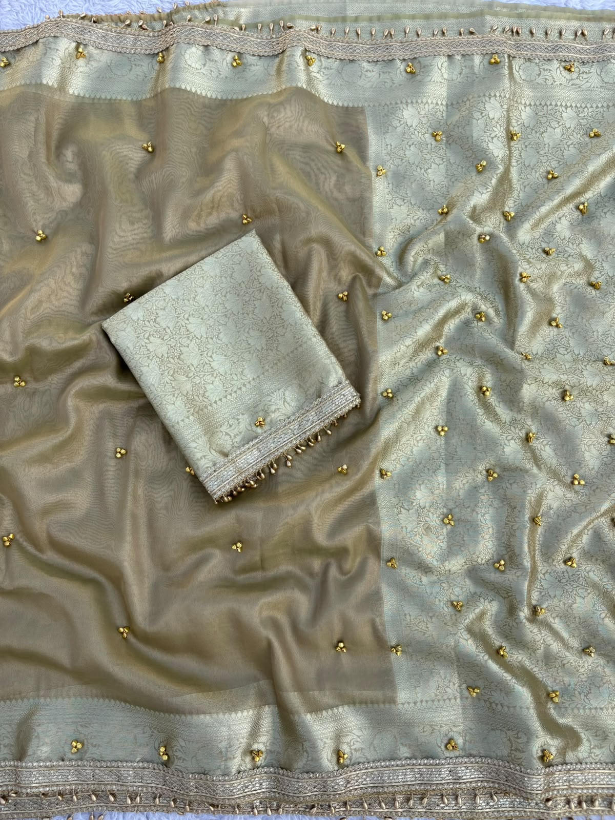Mint Pista Tissue Silk Saree with Handcrafted Ghungroo work & Banarasi Zari Woven Pallu