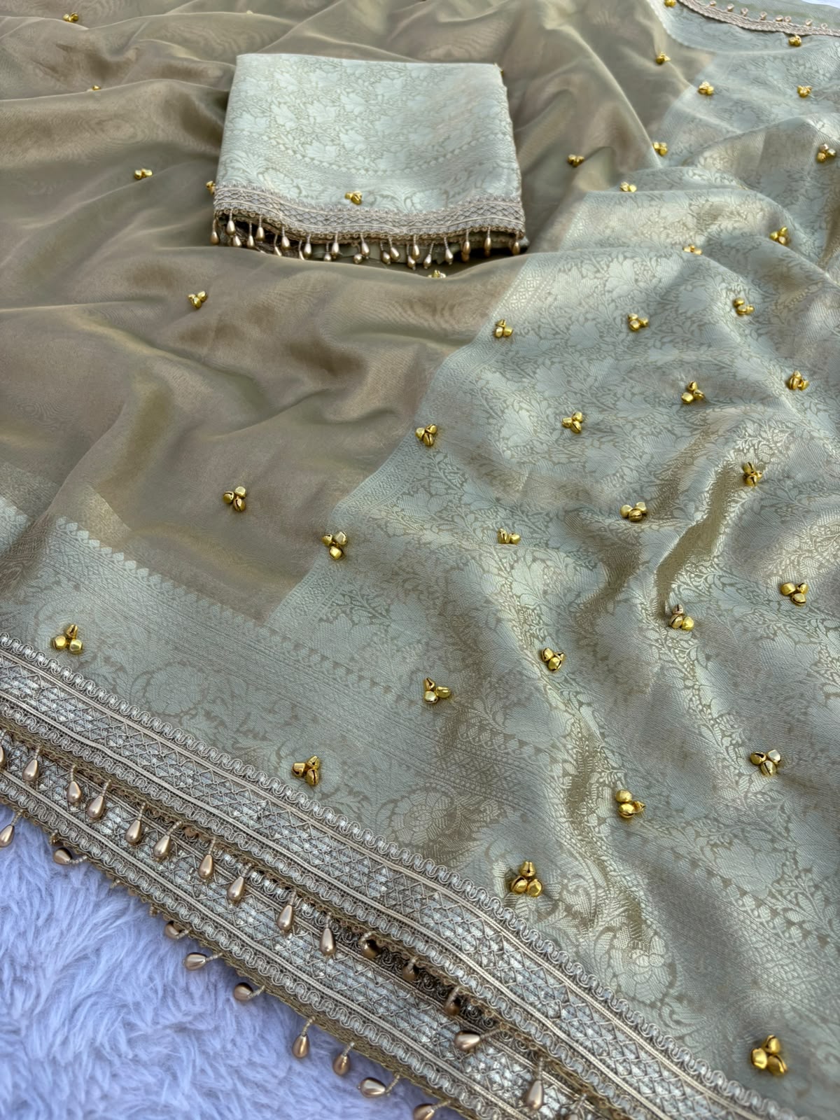 Mint Pista Tissue Silk Saree with Handcrafted Ghungroo work & Banarasi Zari Woven Pallu