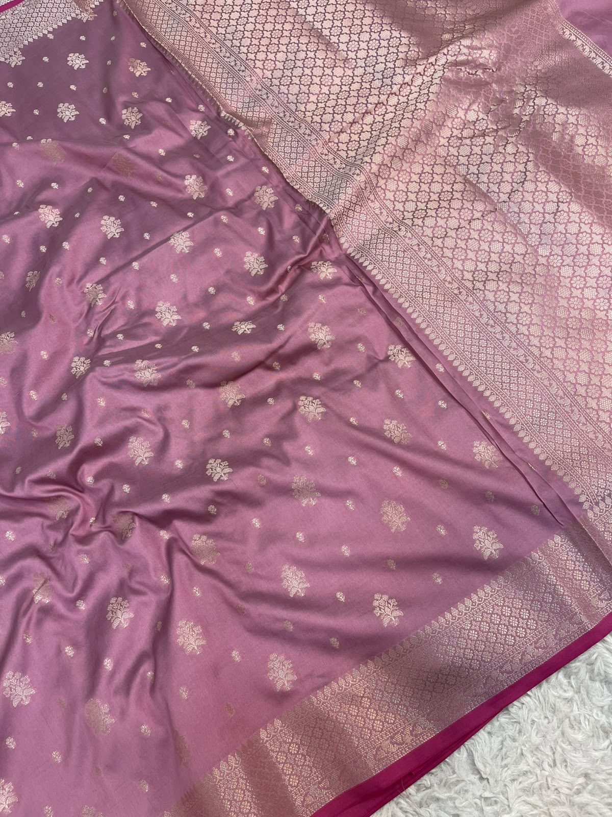 Dusty Rose Banarasi Soft Katan Silk Saree with Traditional Golden Floral Butis & Rich Pallu