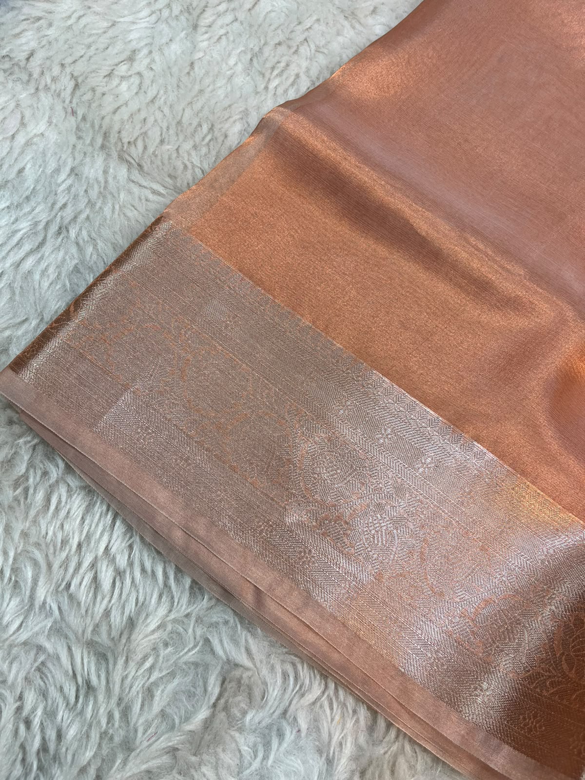 Pure Banarasi Tissue Silk Saree in Copper Champagne with Gold Zari Floral Jaal Border