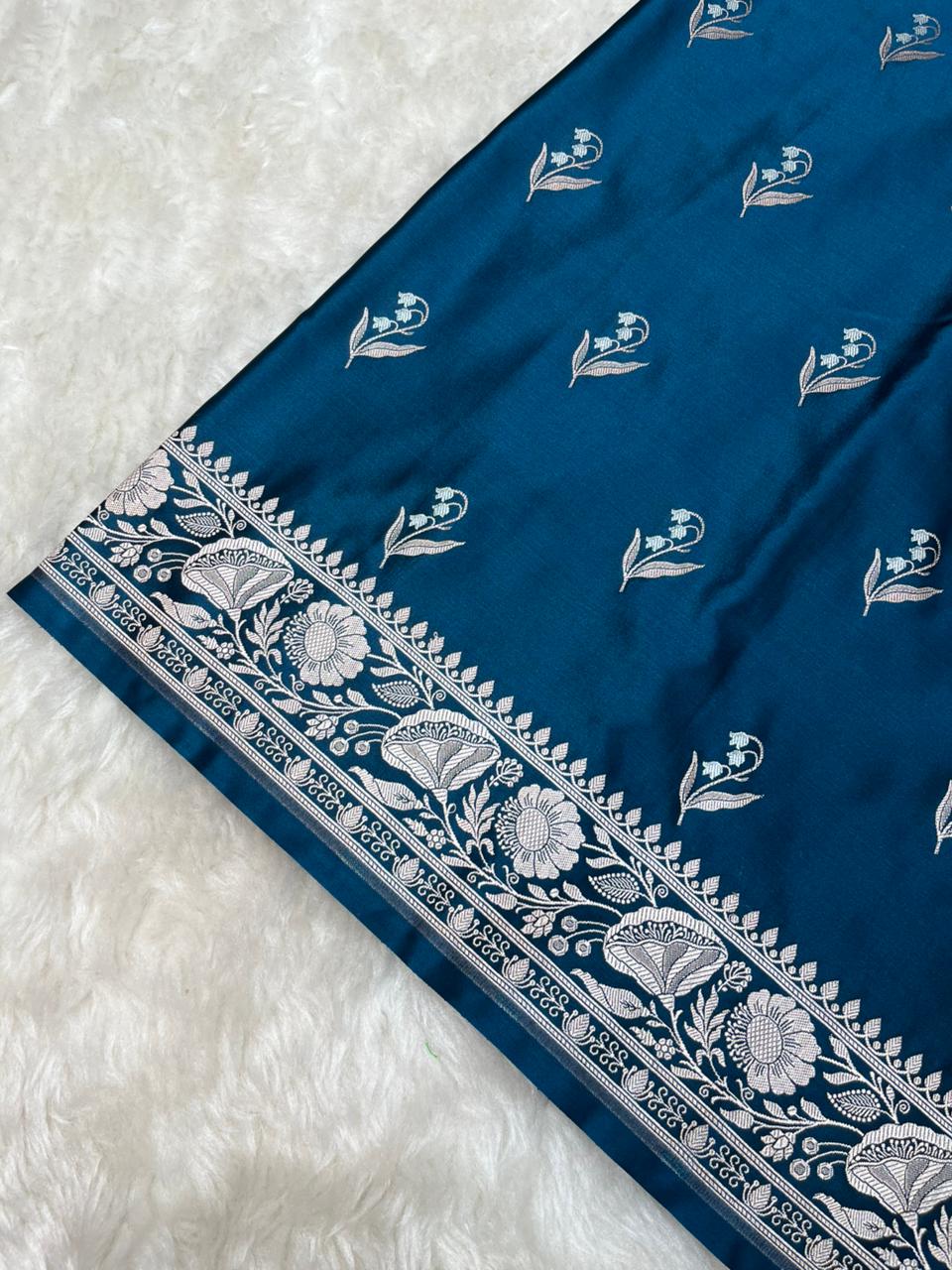 Deep Teal Mashru Silk Banarasi Saree with Sonarupa Zari Buti