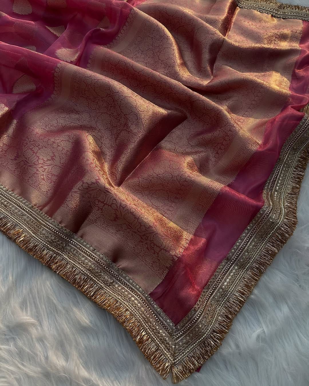 Rose Gold Banarasi Tissue Silk Saree with Zari Buta and Kiran Lace