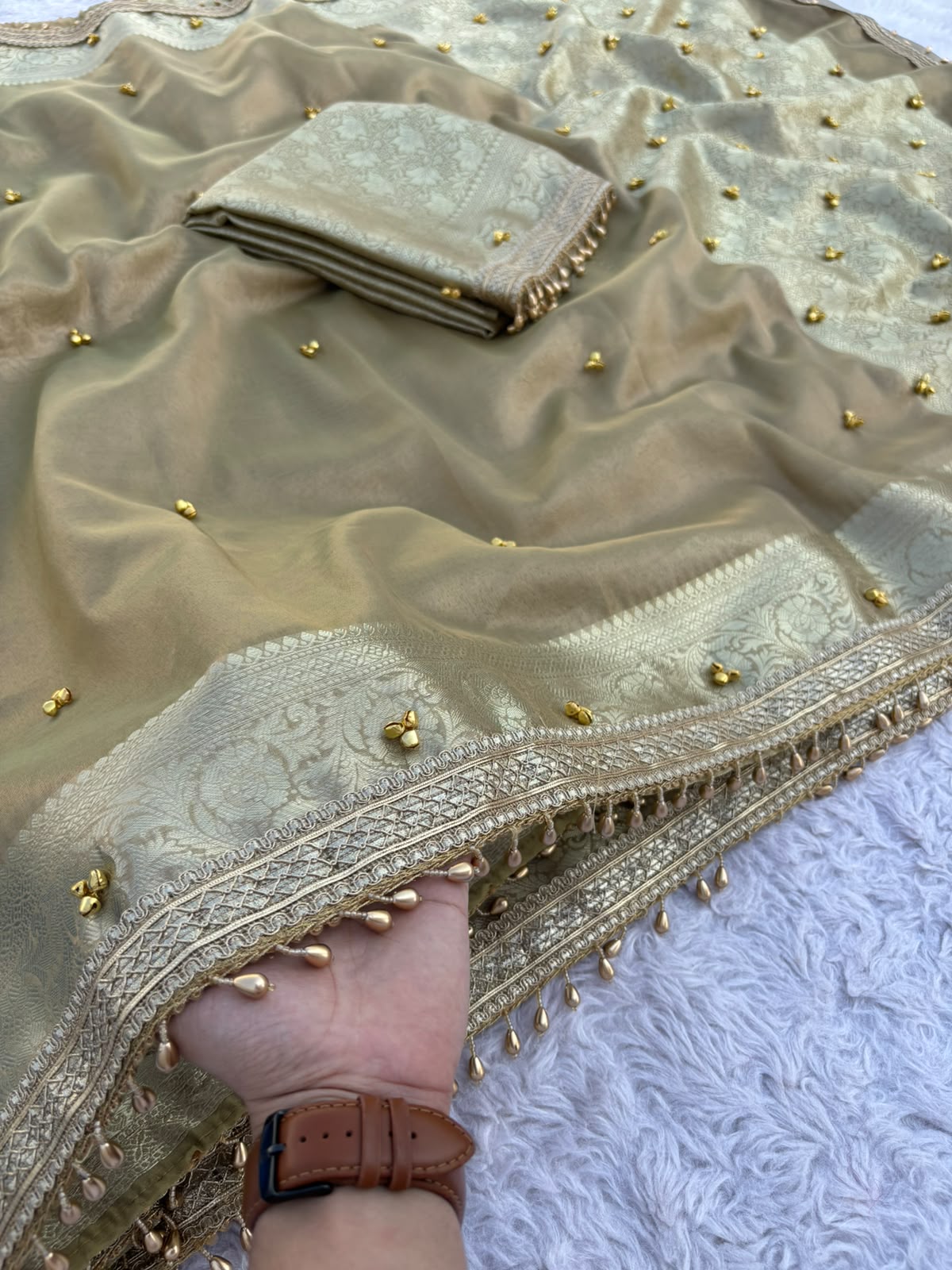 Mint Pista Tissue Silk Saree with Handcrafted Ghungroo work & Banarasi Zari Woven Pallu