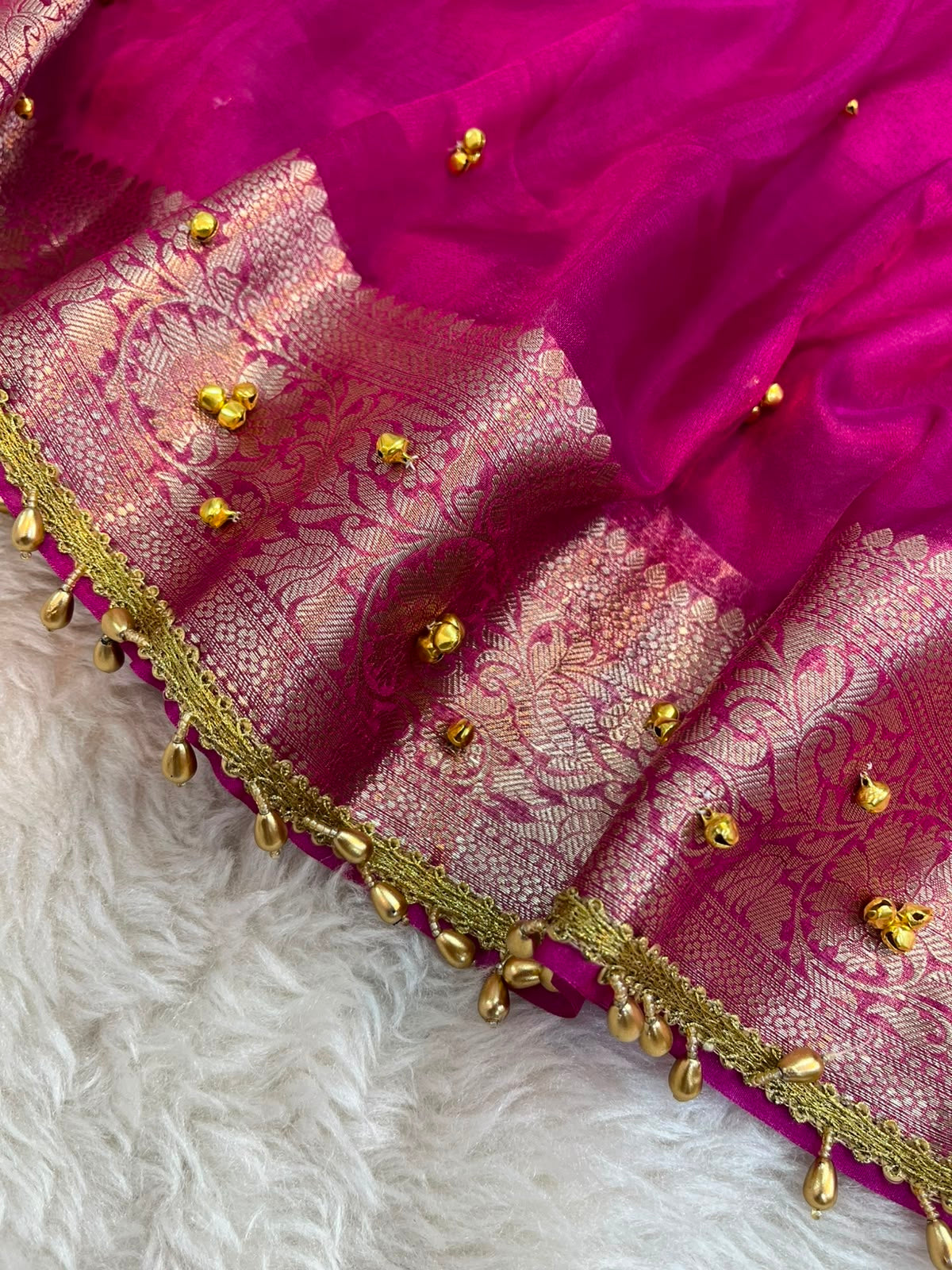Rani Pink Banarasi Tissue Silk Saree with Ghungroo Work & Gold Zari Weave