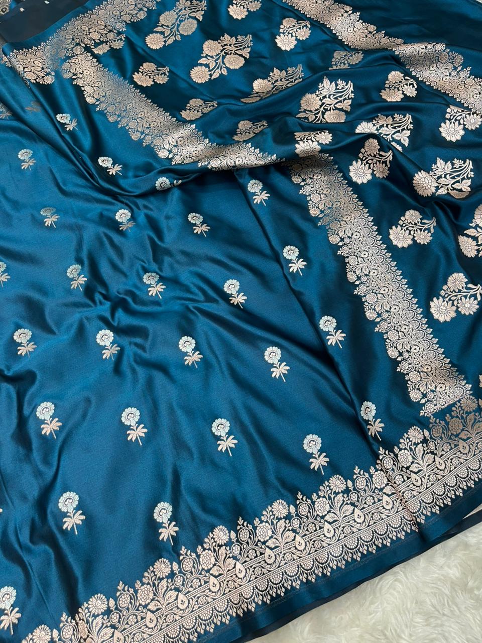 Deep Teal Blue Mashru Silk Sonarupa Weaving Saree