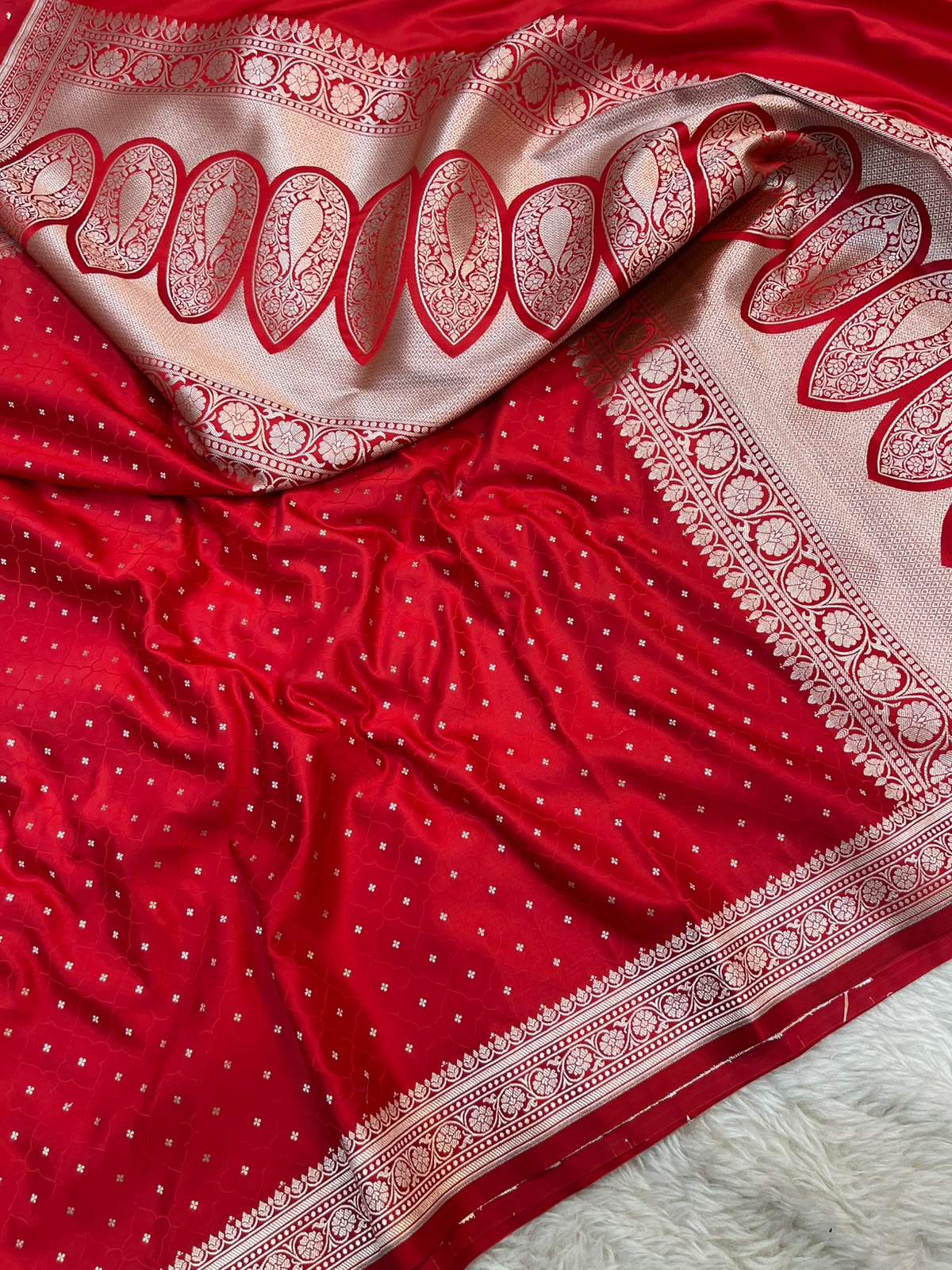 Scarlet Red Banarasi Mashru Silk Saree | Fine Booti Work & Traditional Border