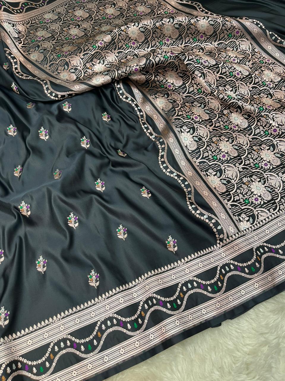 Midnight Black Mashru Silk Saree with Gold Zari Floral Bootis & Contemporary Wavy Border
