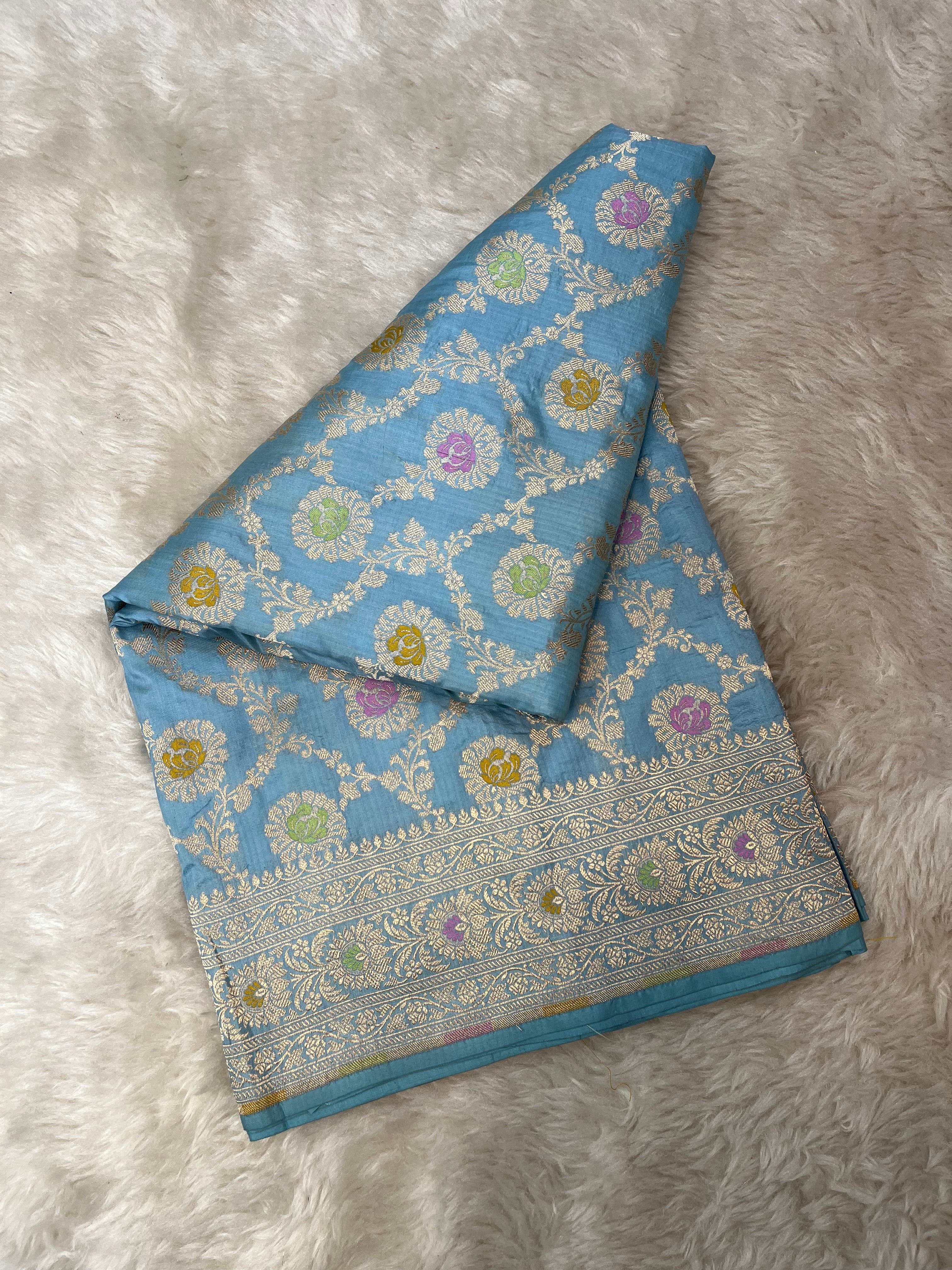 Powder Blue Pure Katan Silk Banarasi Jangla Cutwork Saree with Meenakari Jaal and Gold Zari Border