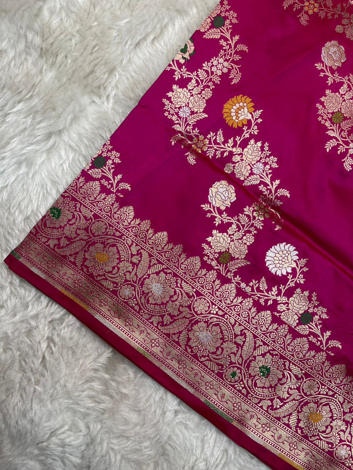 Lustrous Fuchsia Pink Pure Katan Silk Saree with Heritage Meenakari Floral Weaving