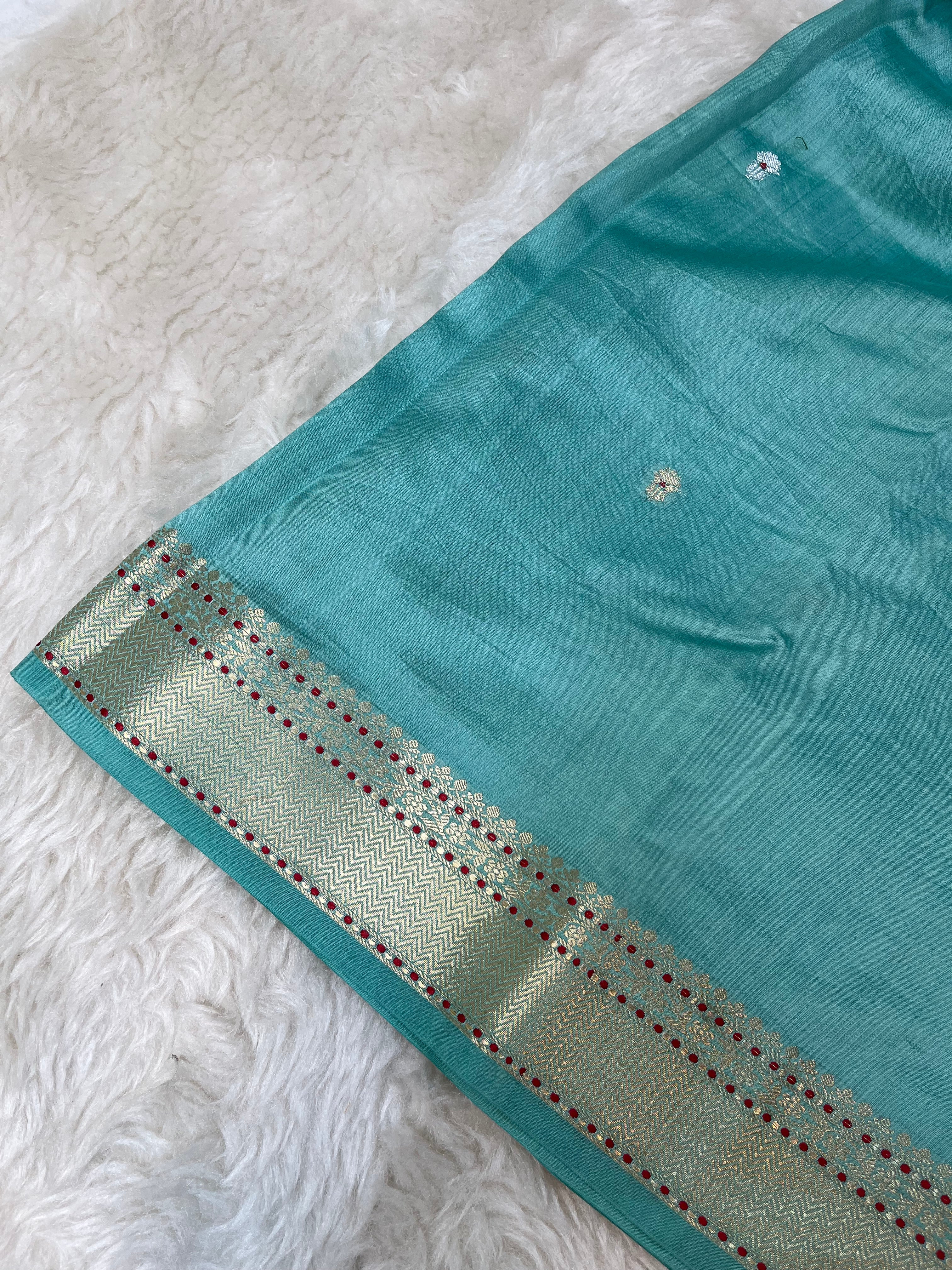 Seafoam Blue Pure Chiniya Silk Saree with Elegant Zari Buti and Striped Pallu