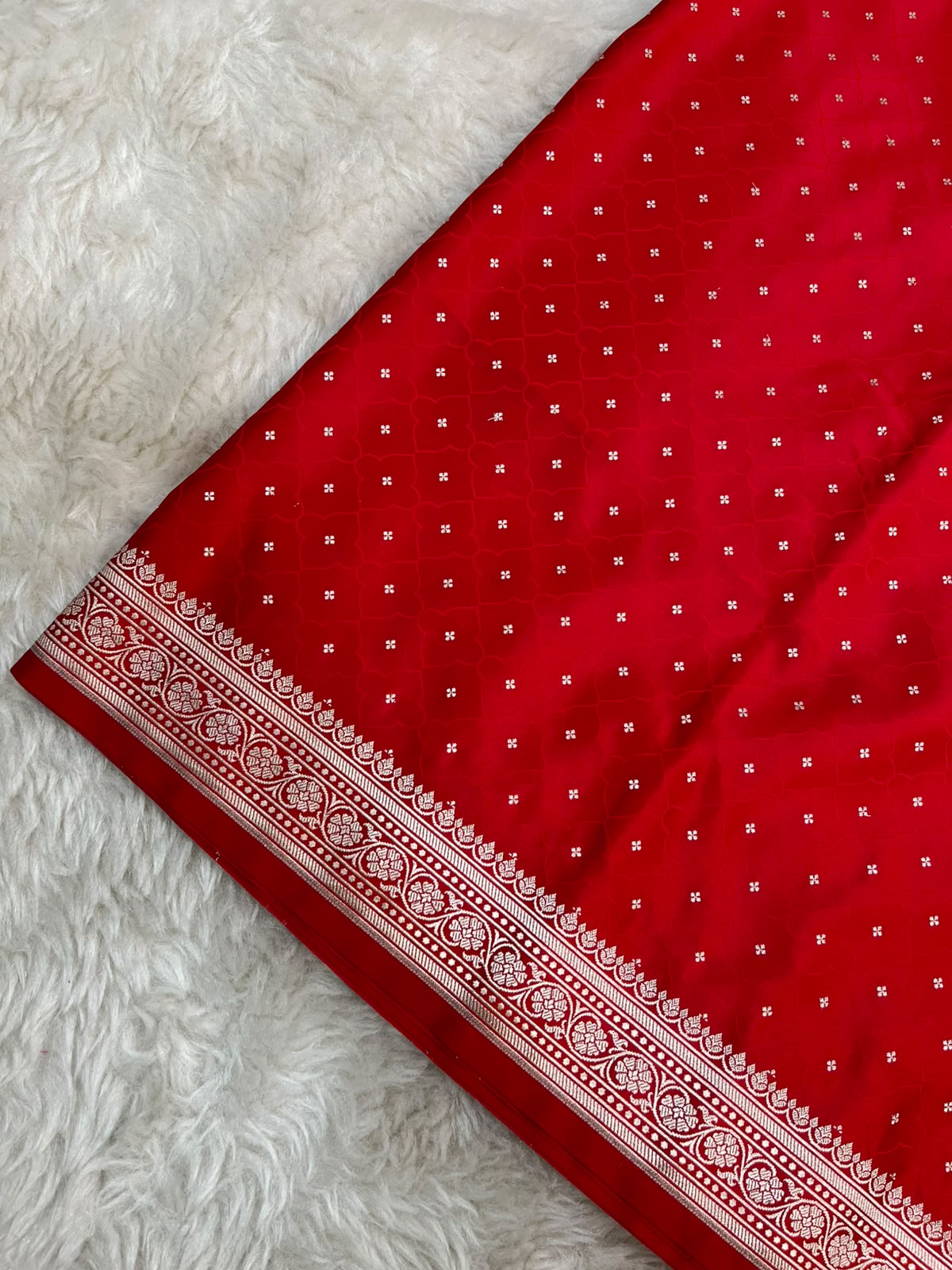 Scarlet Red Banarasi Mashru Silk Saree | Fine Booti Work & Traditional Border