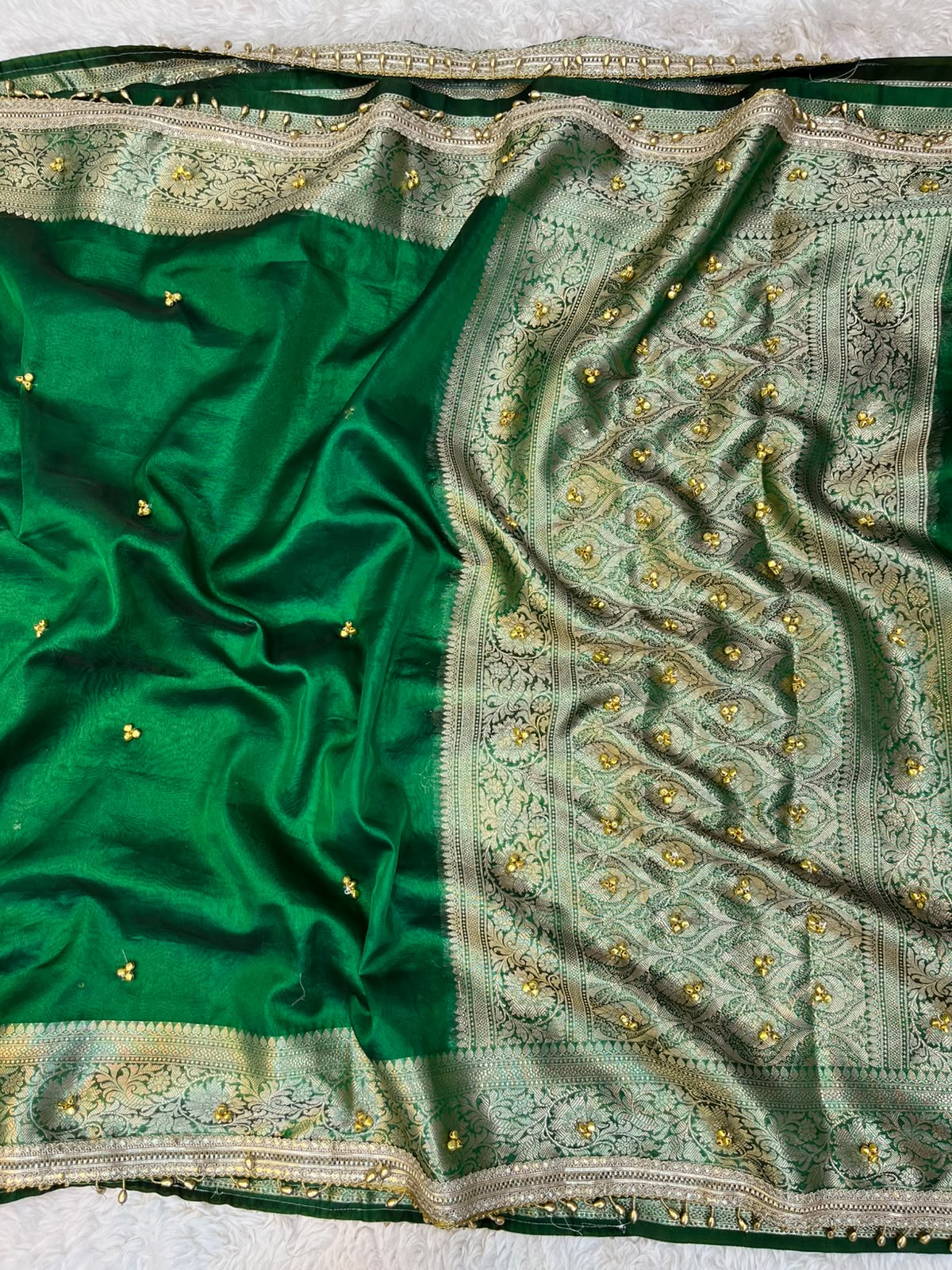 Forest Green Tissue Silk Saree with Handcrafted Ghungroo Work & Banarasi Zari Woven Pallu