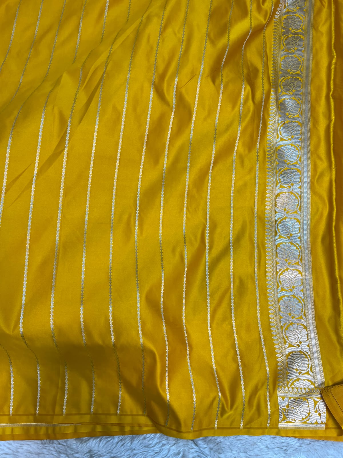 Haldi Yellow Satin Silk Banarasi Saree with Gold Zari Chand Tara Booti & Rich Jacquard Pallu