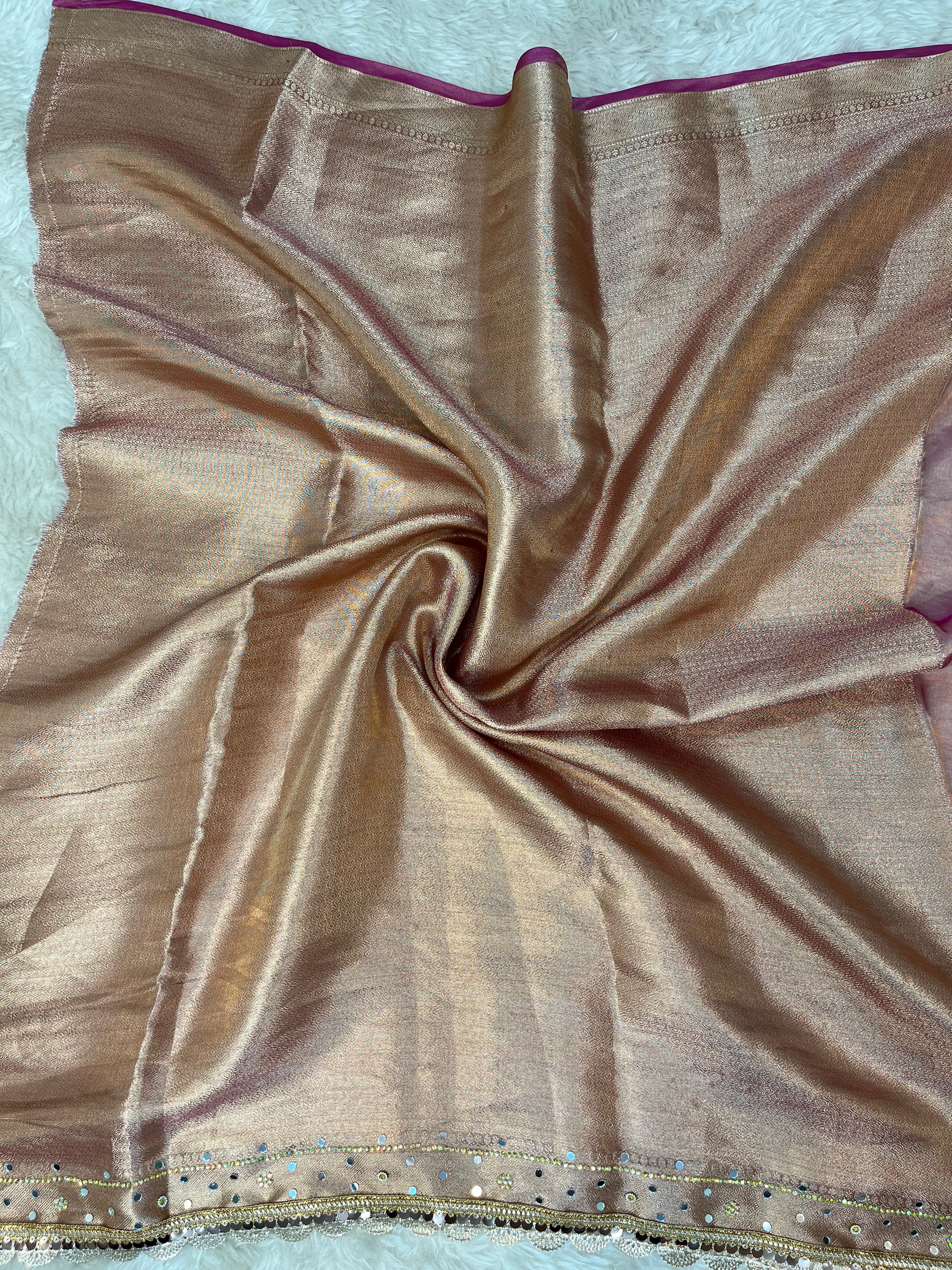 Regal Rose Gold Pure Katan Silk Saree with Intricate Mirror Work & Scalloped Lace