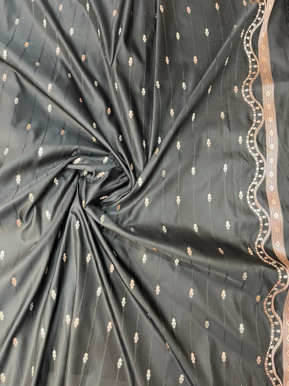 Midnight Black Mashru Silk Saree with Gold Zari Floral Bootis & Contemporary Wavy Border