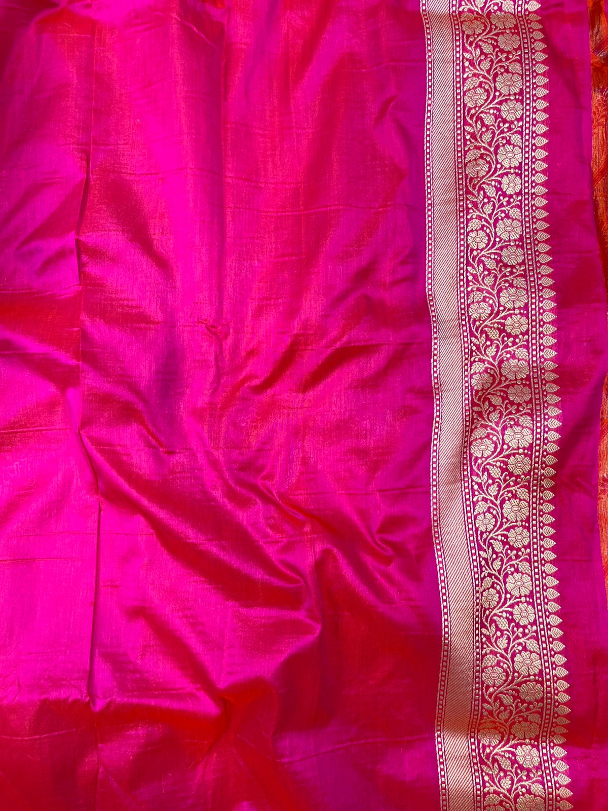 Rani Pink Pure Katan Silk Banarasi Saree with Gold Zari Leheriya Bel