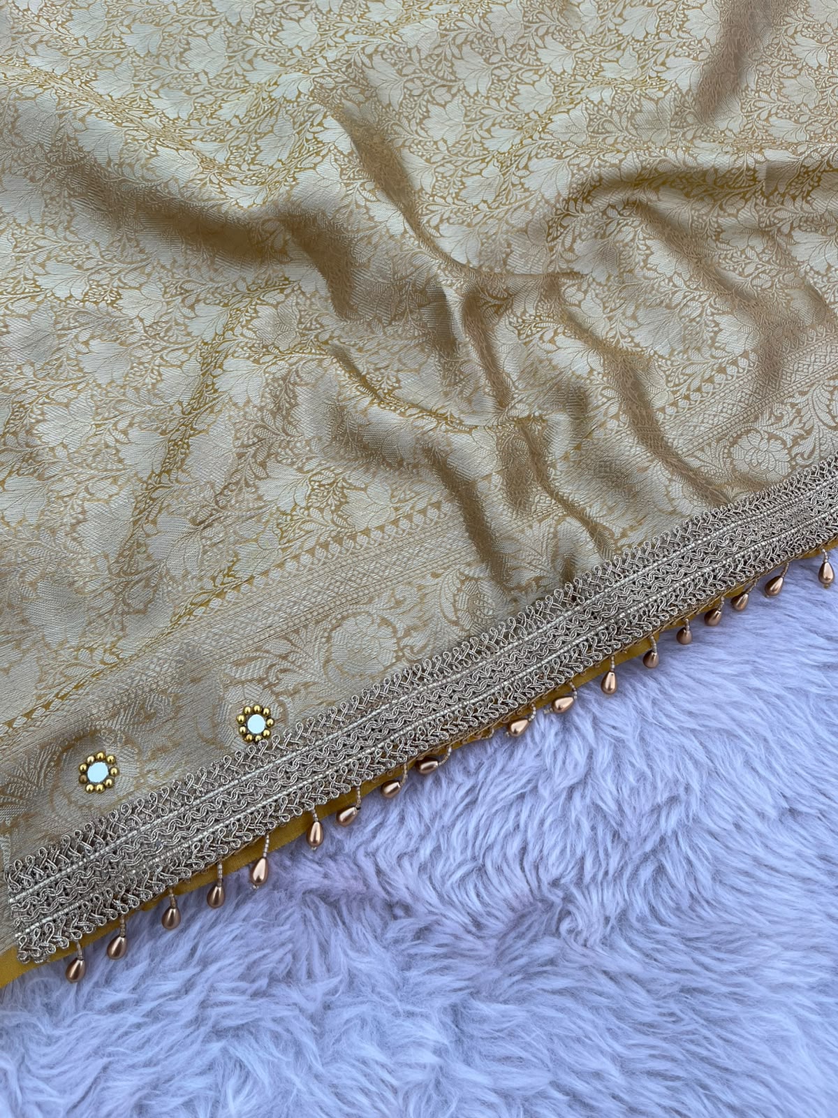 Metallic Gold Tissue Silk Saree with Mirror & Ghungroo Embellishments