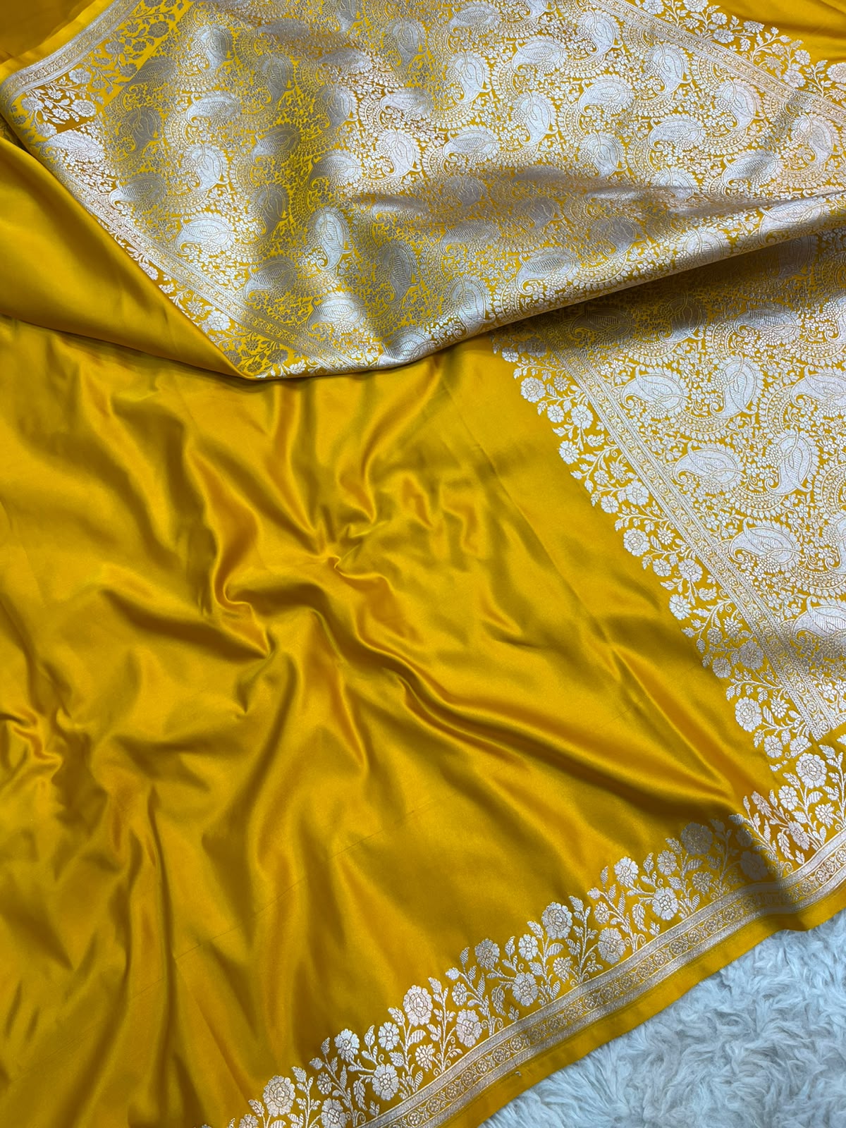 Mango Yellow Banarasi Mashru Silk Saree with Water Zari Paisley Pallu