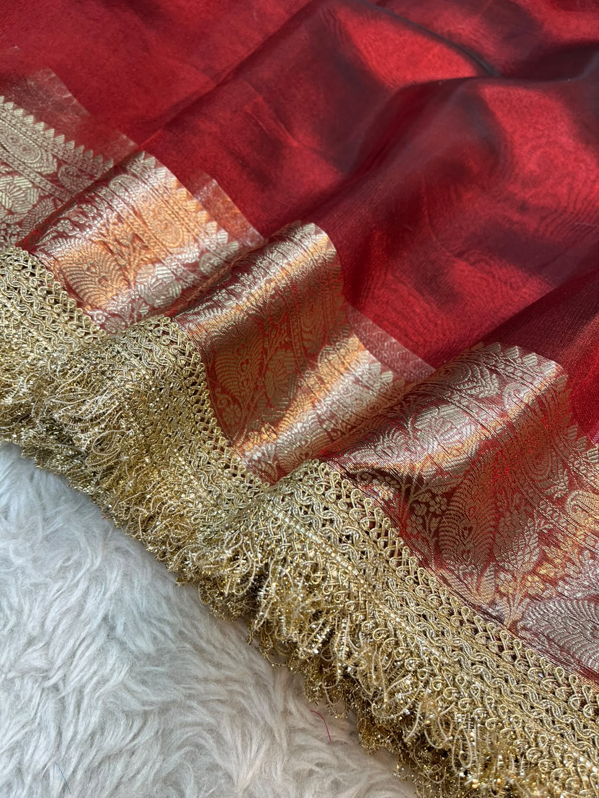 Red Pashmina Tissue Silk Saree with Wine Paisley Pallu and Attached Kiran Lace Border