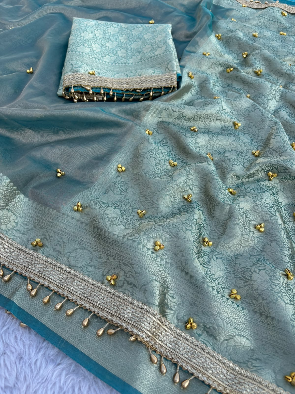 Sky Blue Tissue Silk Saree with Handcrafted Ghungroo work & Banarasi Zari Woven Pallu
