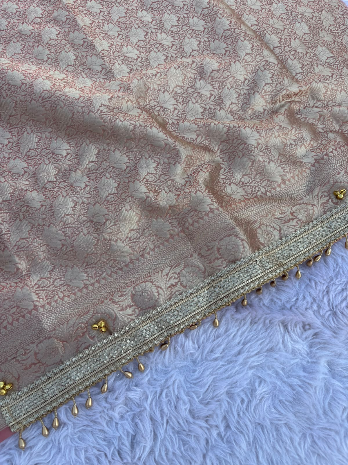 Rose Gold Tissue Silk Saree with Handcrafted Ghungroo work & Banarasi Zari Woven Pallu