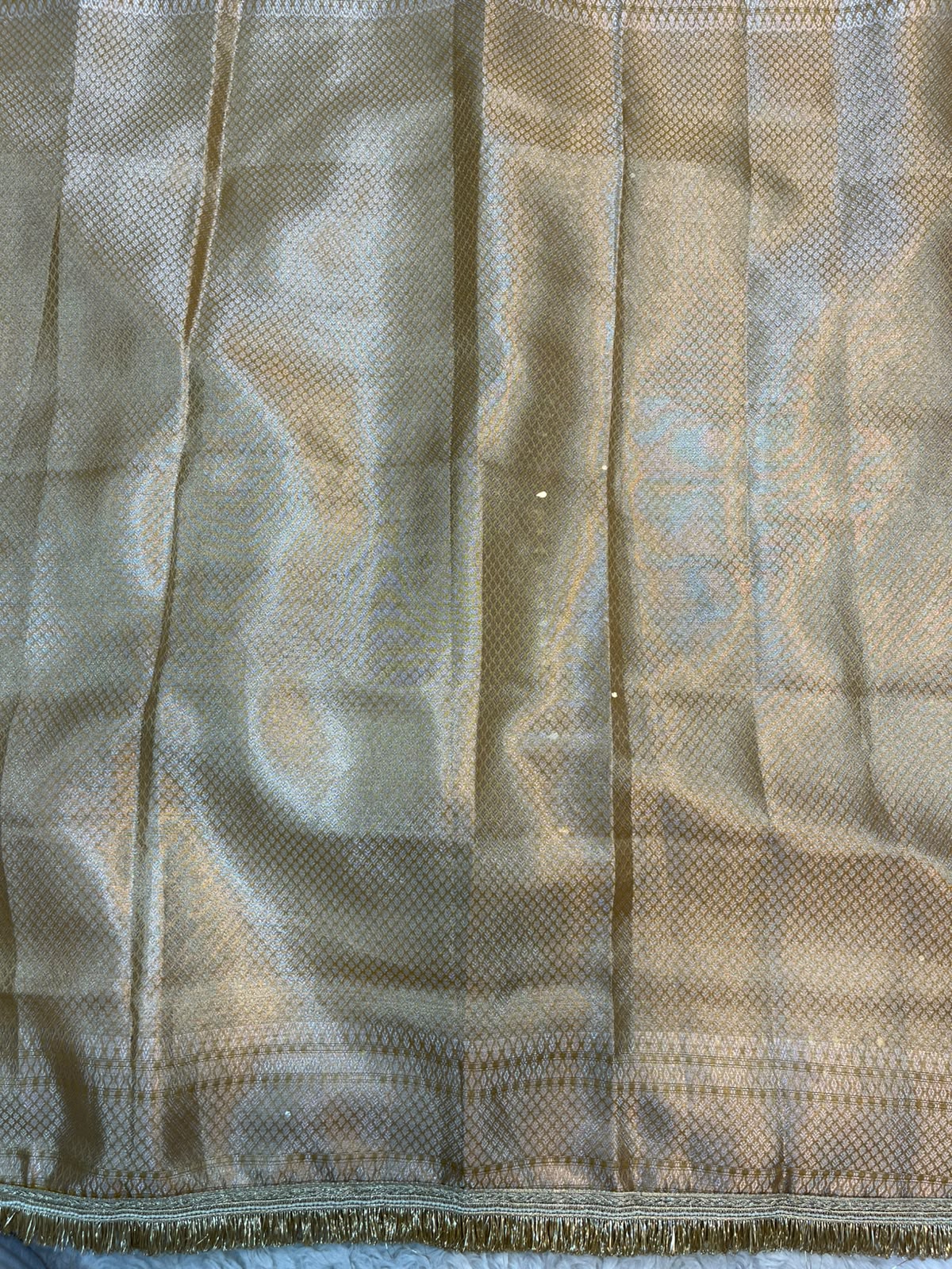 Haldi Special Tissue Silk Saree in Mustard Yellow – Mirror & Stone Handwork with Traditional Fringe Lace Border
