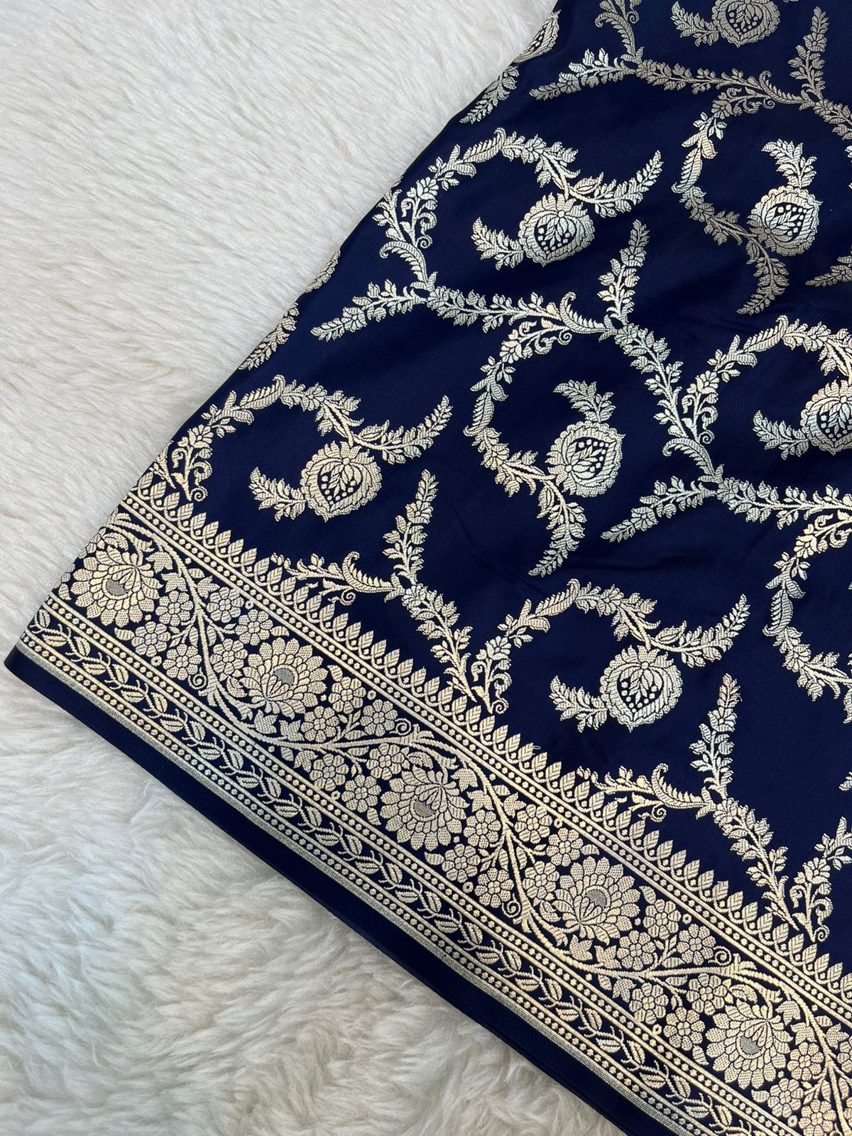 Royal Indigo Banarasi Mashru Silk Saree with Antique Golden Zari Jaal