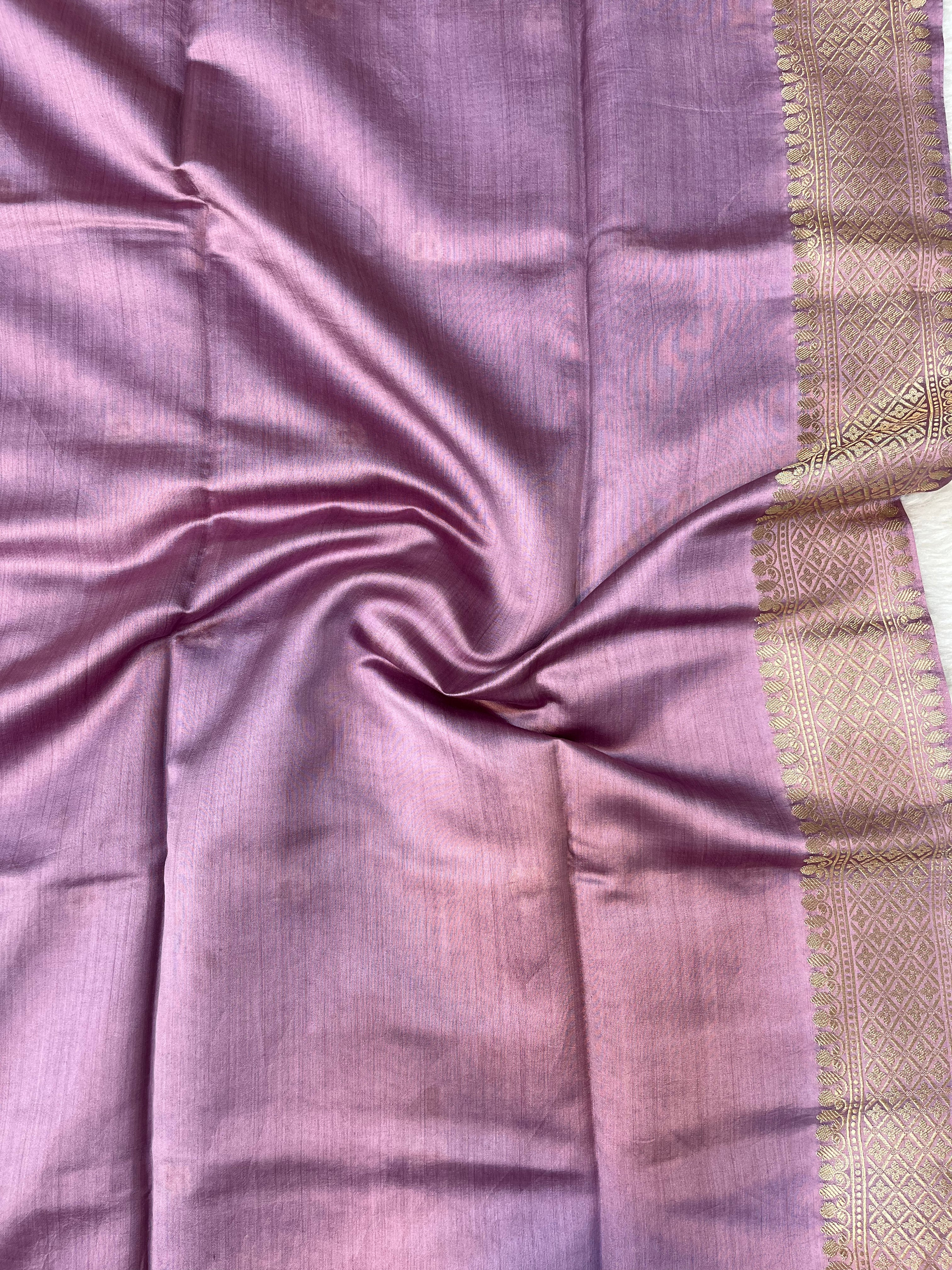 Dusty Lavender Pure Chiniya Silk Saree with Antique Zari Buti and Traditional Border