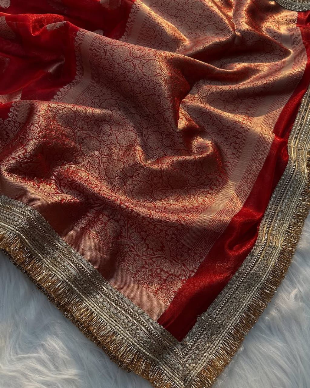 Crimson Red Banarasi Tissue Silk Saree with Zari Buta and Kiran Lace