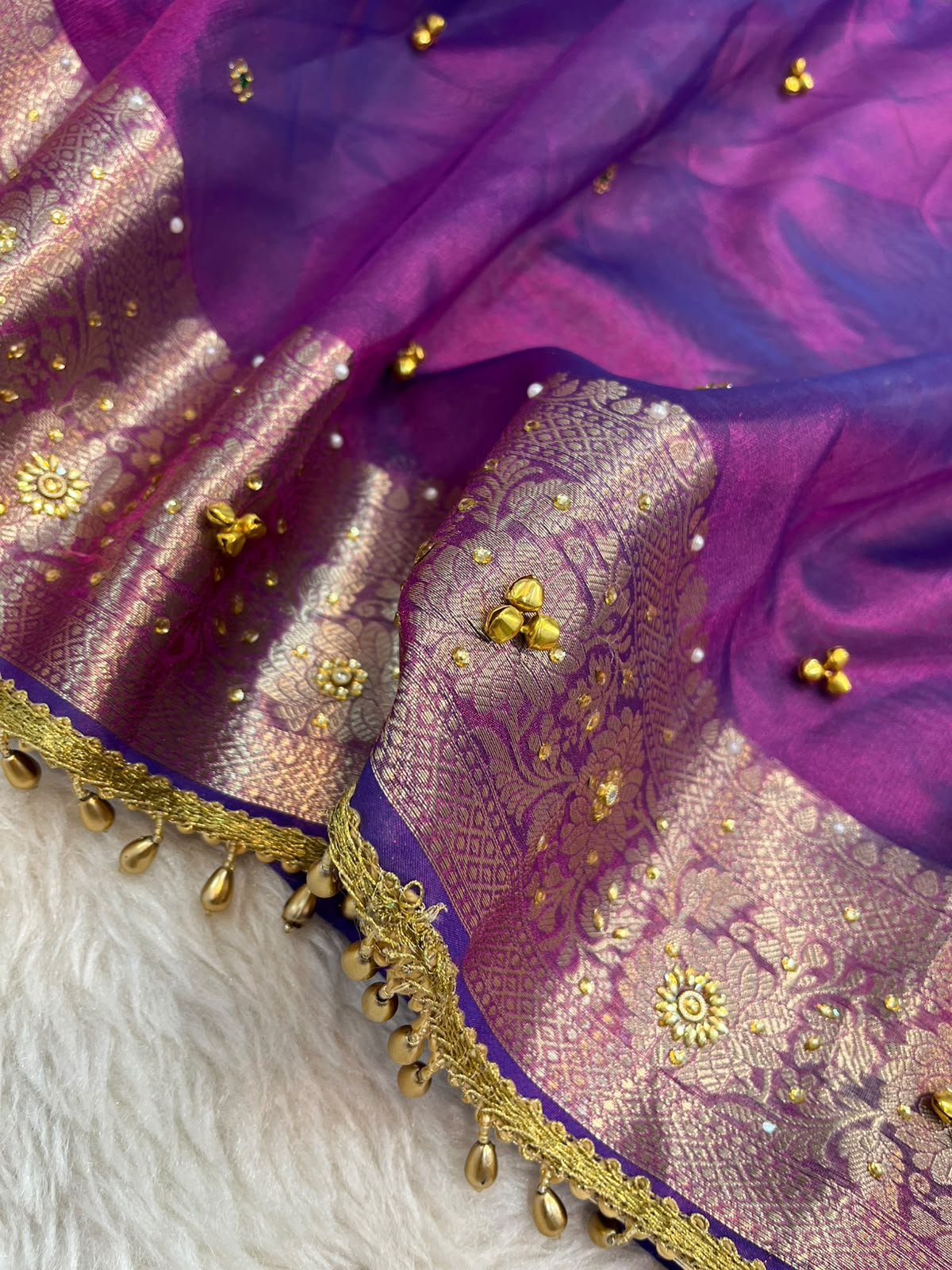 Dual-Tone Purple Tissue Silk Saree with Handcrafted Ghungroo & Sitara Stonework