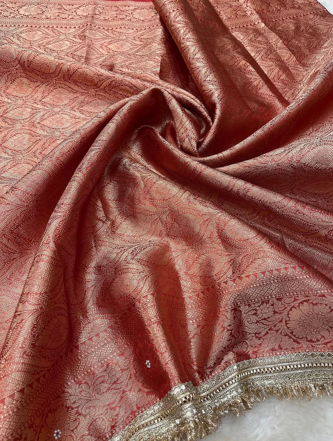 Crimson Red Maharani Tissue Silk Saree with Banarasi Zari Pallu,Intricate Stonework,and Designer Lace Border