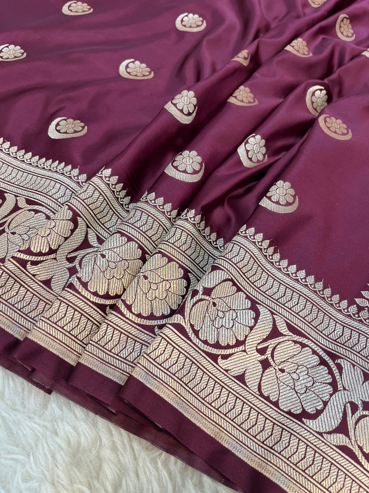 Deep Wine Satin Silk Banarasi Saree with Gold Zari Chand Tara Booti & Rich Jacquard Pallu
