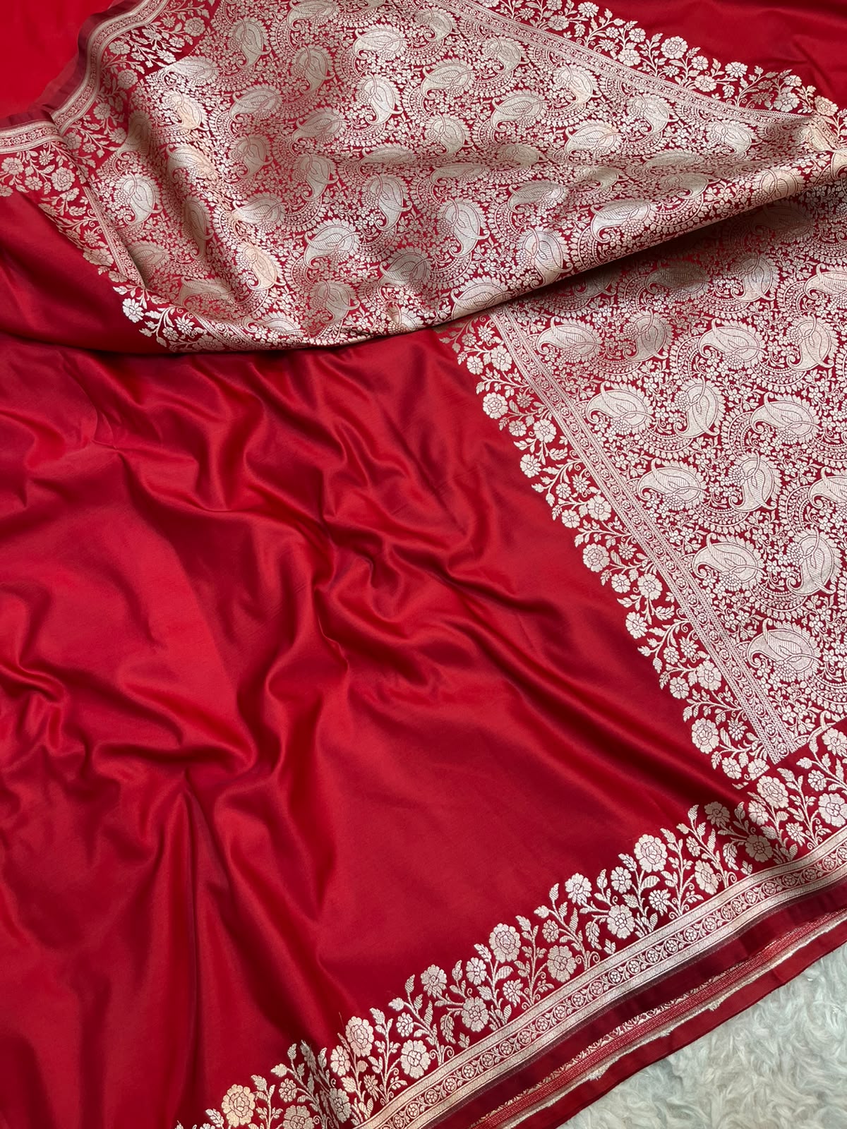 Blood Red Banarasi Mashru Silk Saree with Water Zari Paisley Pallu