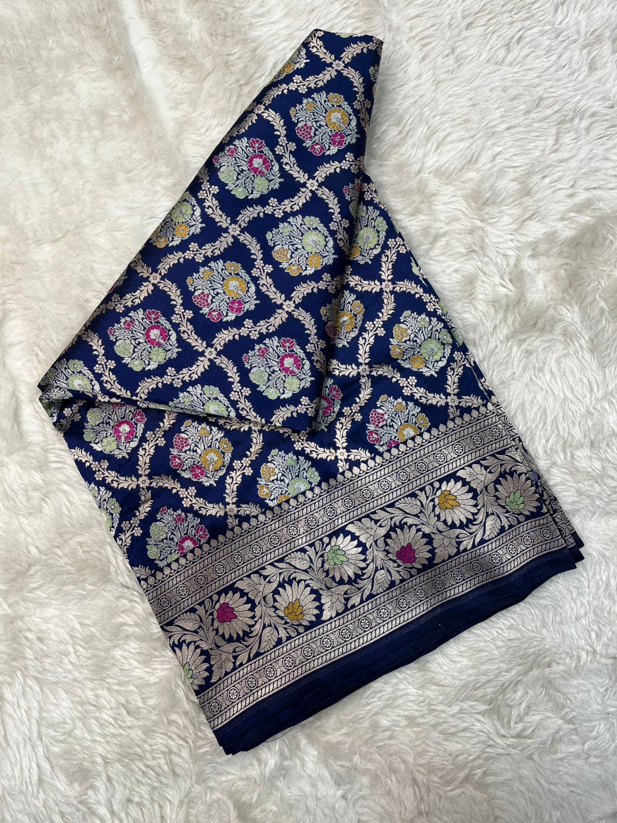Regal Navy Blue Pure Katan Silk Saree with Traditional Meenakari Floral Medallions