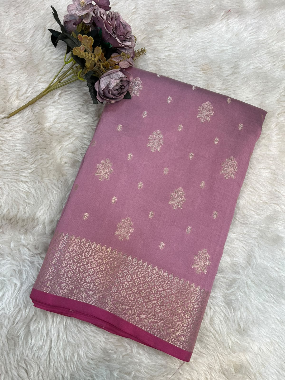 Dusty Rose Banarasi Soft Katan Silk Saree with Traditional Golden Floral Butis & Rich Pallu