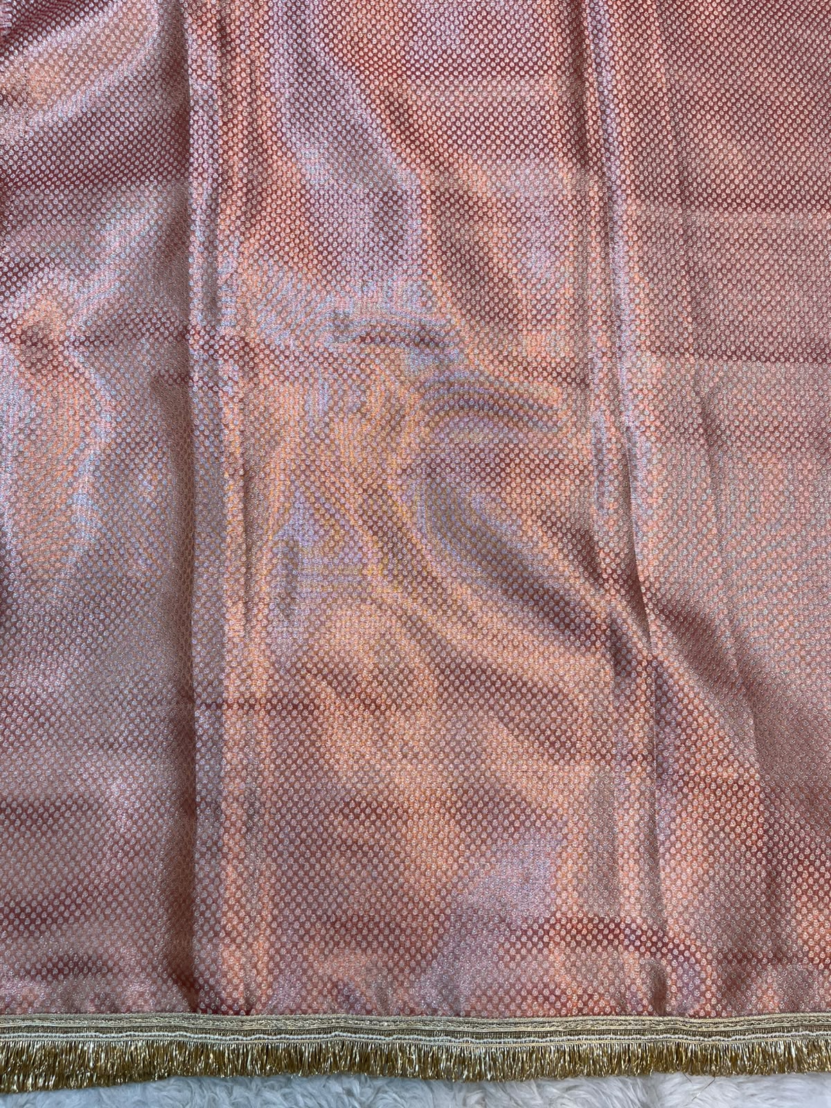 Tissue Silk Saree in Burnt Orange – Mirror & Stone Handwork with Traditional Fringe Lace Border