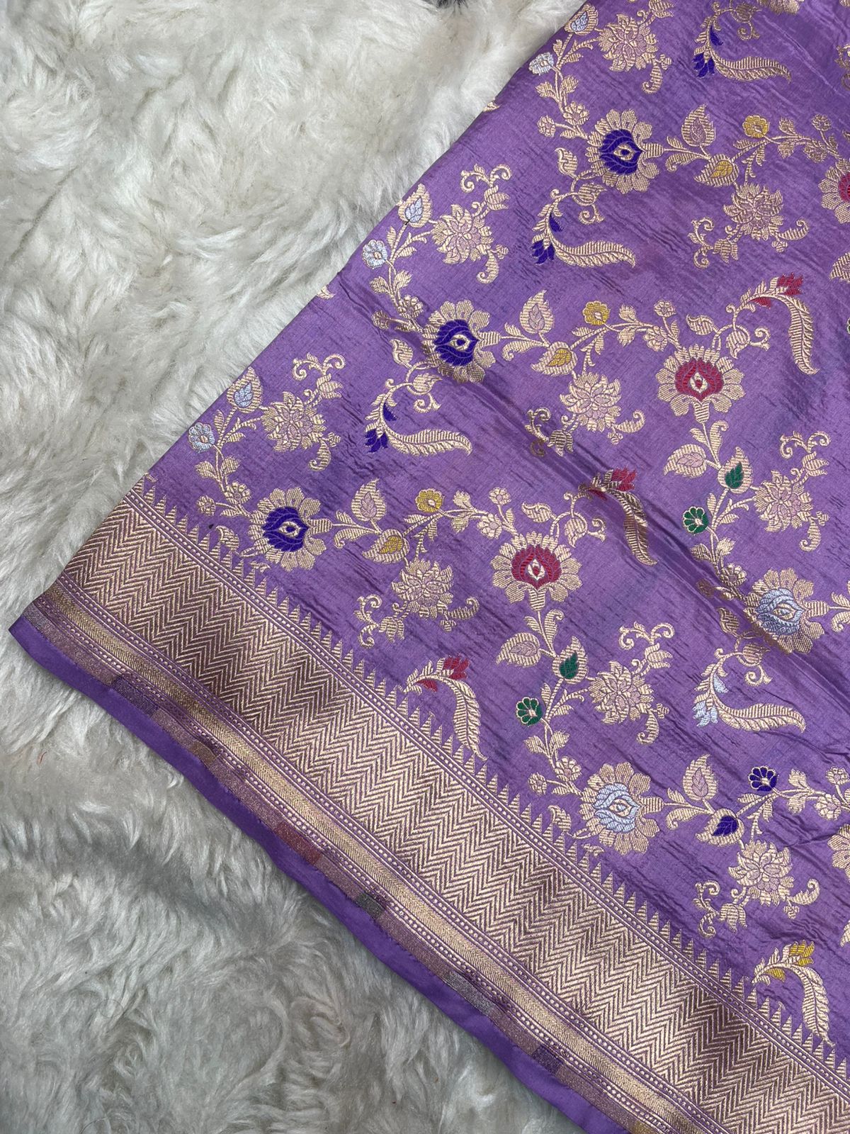 Royal Lavender Pure Katan Silk Saree | Intricate Zari & Multicolor Meena Jaal