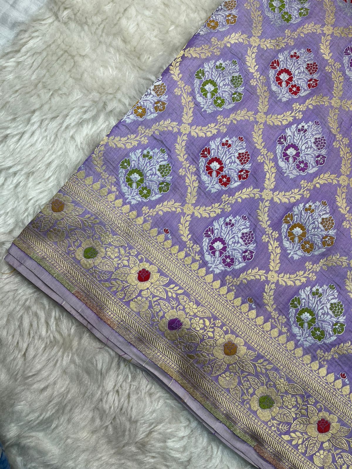 Imperial Lavendar Pure Katan Silk Saree with Traditional Meenakari Floral Medallions