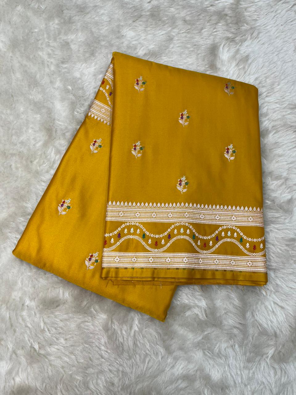 Mustard Yellow Mashru Silk Saree with Gold Zari Floral Bootis & Contemporary Wavy Border