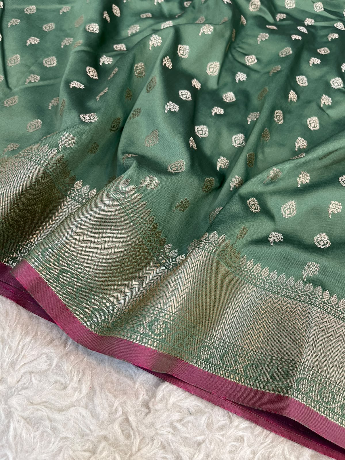 Sage Green Banarasi Soft Katan Silk Saree with All-Over Zari Buti & Rich Pallu