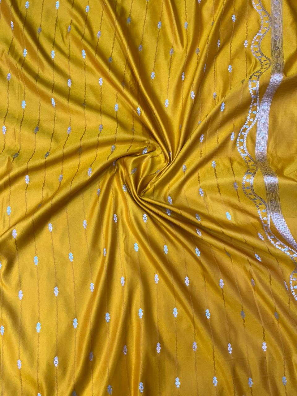 Mustard Yellow Mashru Silk Saree with Gold Zari Floral Bootis & Contemporary Wavy Border