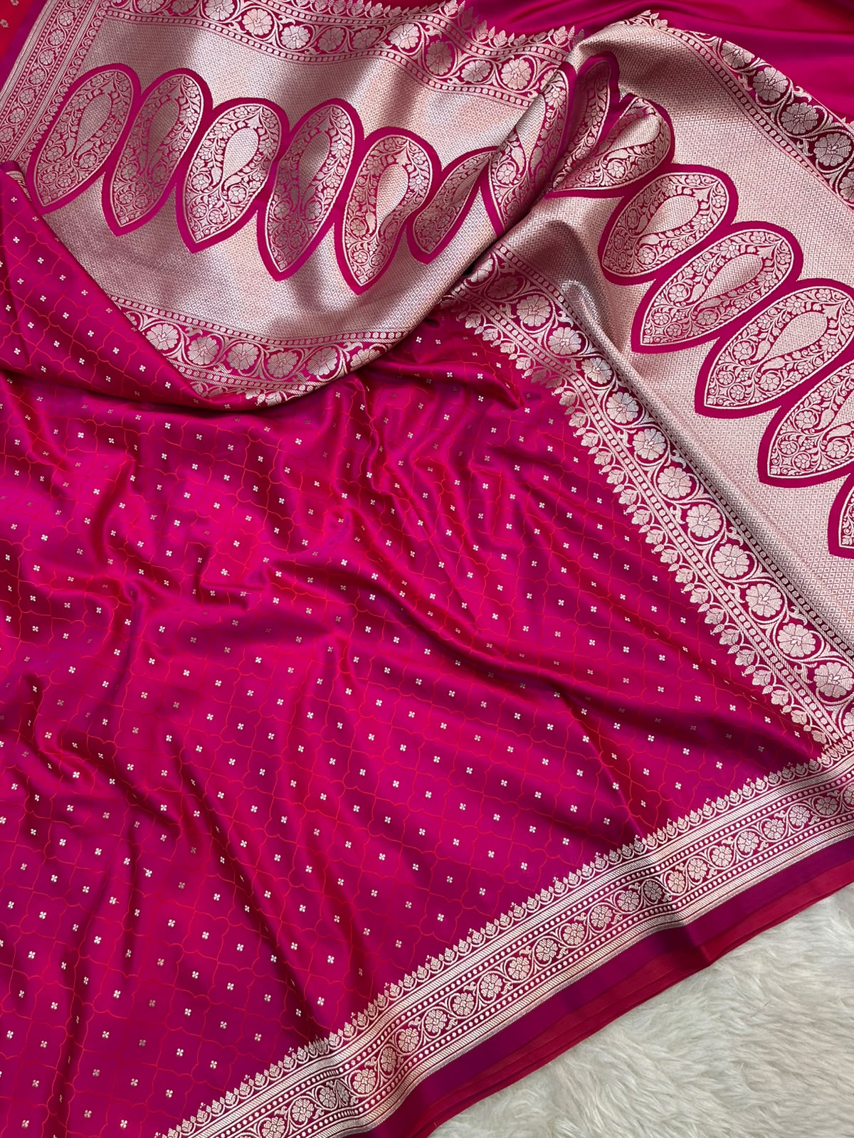 Rani Pink Banarasi Mashru Silk Saree | Fine Booti Work & Traditional Border