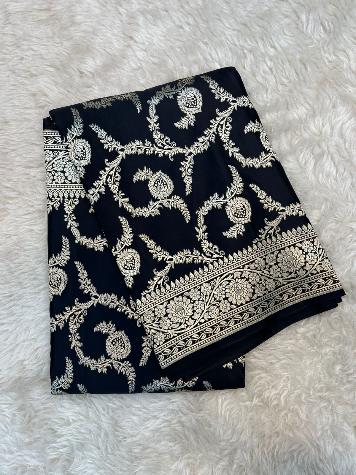 Midnight Black Banarasi Mashru Silk Saree with Antique Golden Zari Jaal