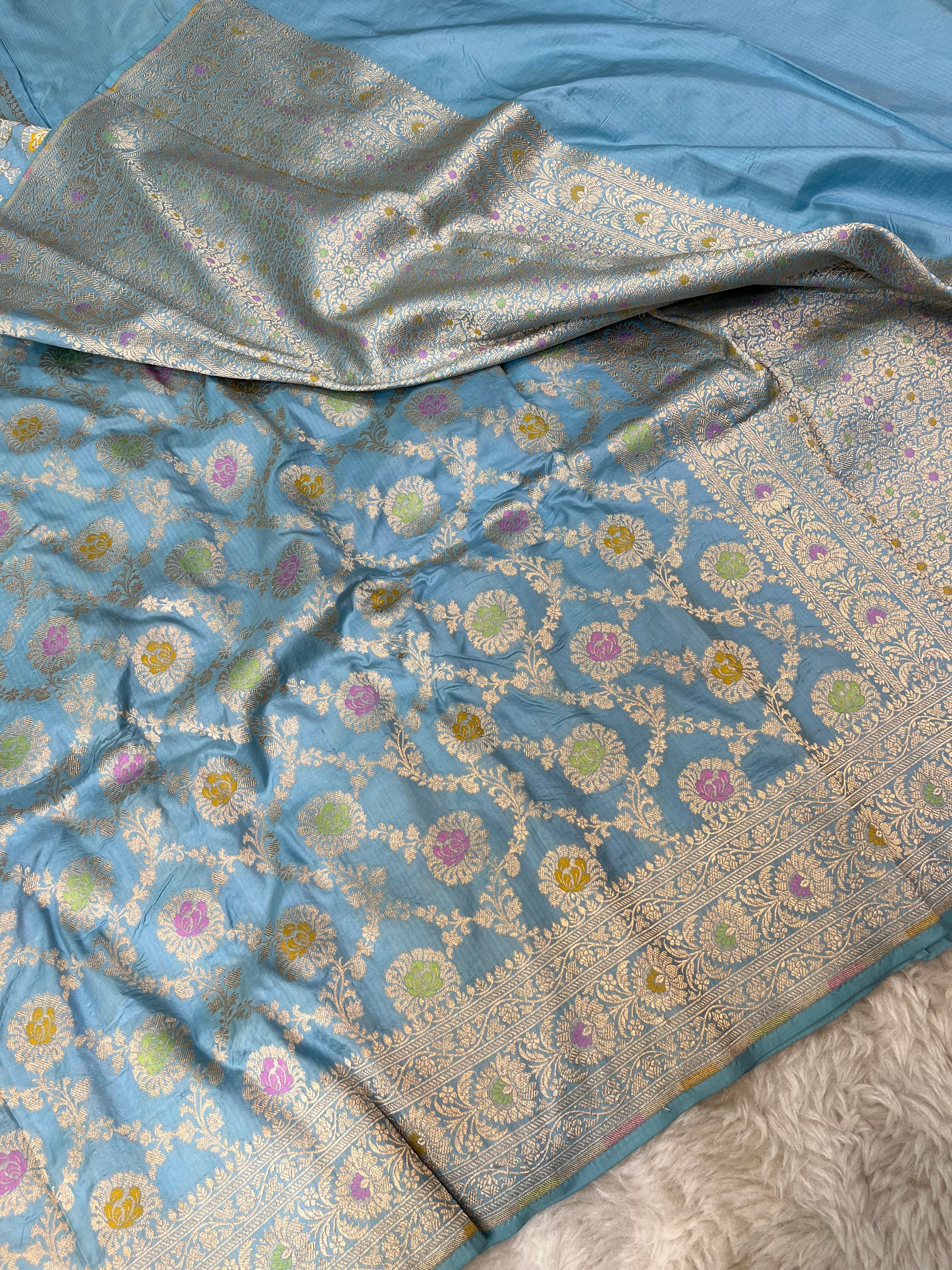 Powder Blue Pure Katan Silk Banarasi Jangla Cutwork Saree with Meenakari Jaal and Gold Zari Border