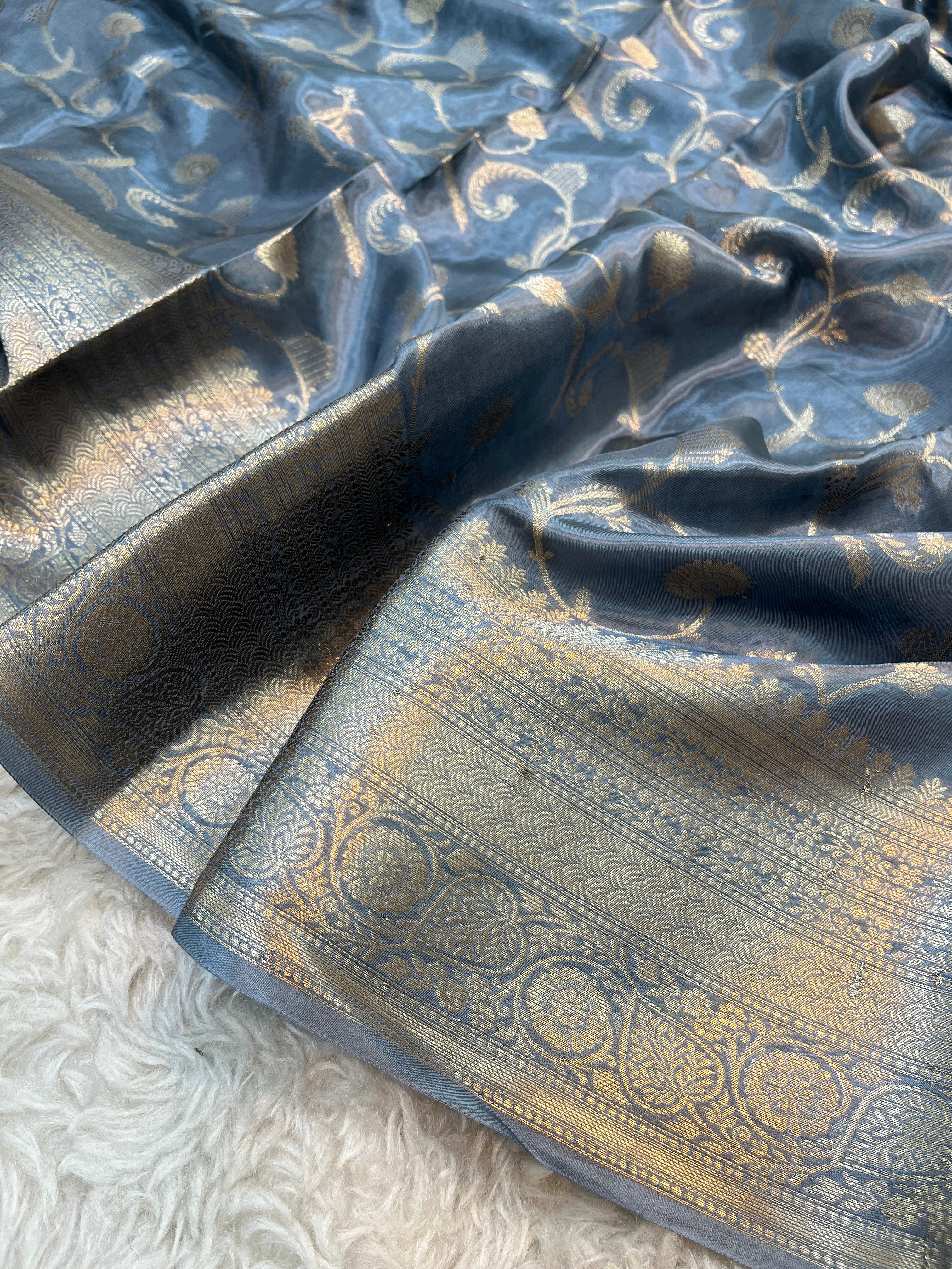 Slate Blue Glossy Art Silk Saree with Antique Gold Floral Jaal and Traditional Banarasi Border