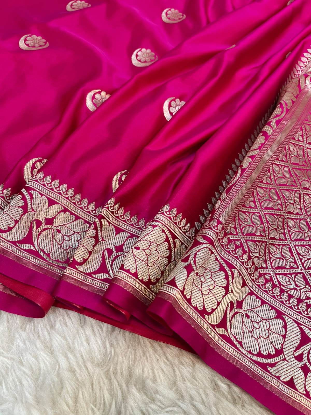 Rani Pink Satin Silk Banarasi Saree with Gold Zari Chand Tara Booti & Rich Jacquard Pallu