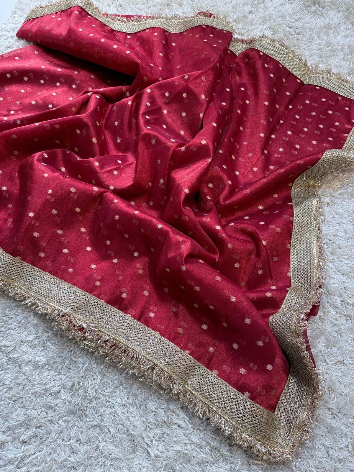 Wine Red Tissue Silk Saree with Delicate Zari Butis and Fringed Border