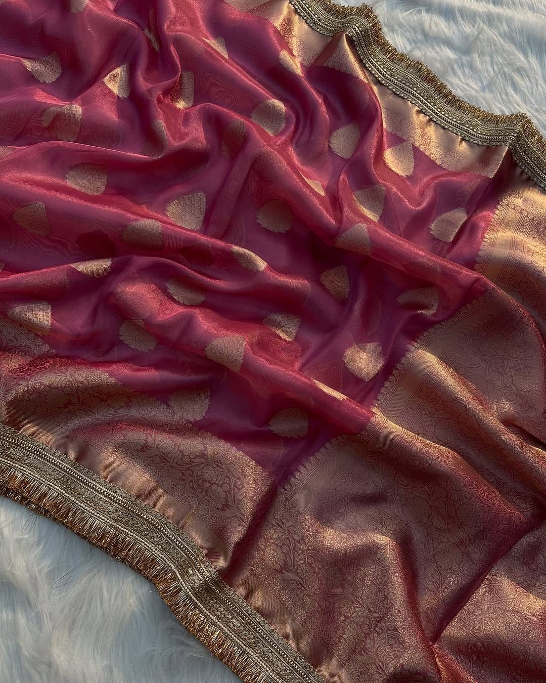 Rose Gold Banarasi Tissue Silk Saree with Zari Buta and Kiran Lace