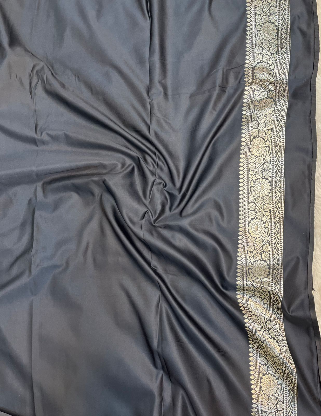 Midnight Black Banarasi Mashru Silk Saree with Antique Golden Zari Jaal