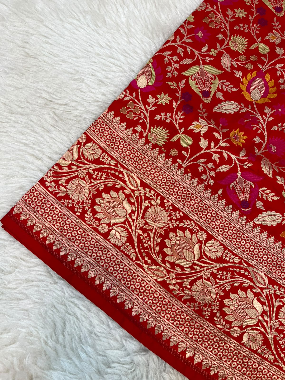 Crimson Red Pure Katan Silk Banarasi Saree with Floral Jaal & Intricate Meenakari